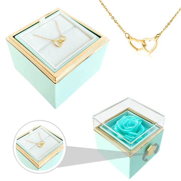 colar de coração personalizado com caixa rotativa rosa eterna